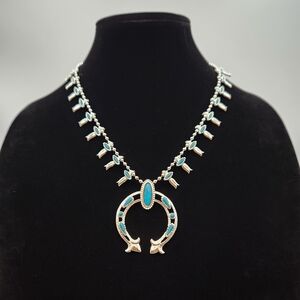 Elegant Squash Blossom Indian Princess Silver Tone and Faux Turquoise Necklace